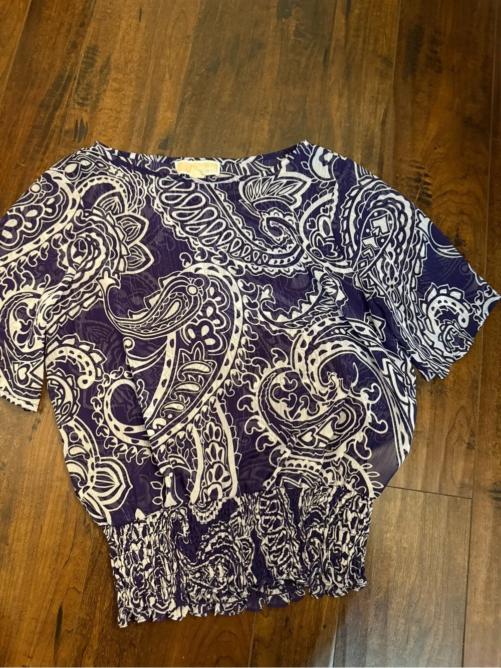 Michael Kors Purple and White Paisley Sheer Short Sleeve Top Size Small